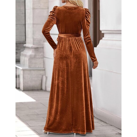 Luxury Velvet Long Sleeve Maxi Dress for Women - Chic High Waist Cocktail Gown - Picture 4 of 7